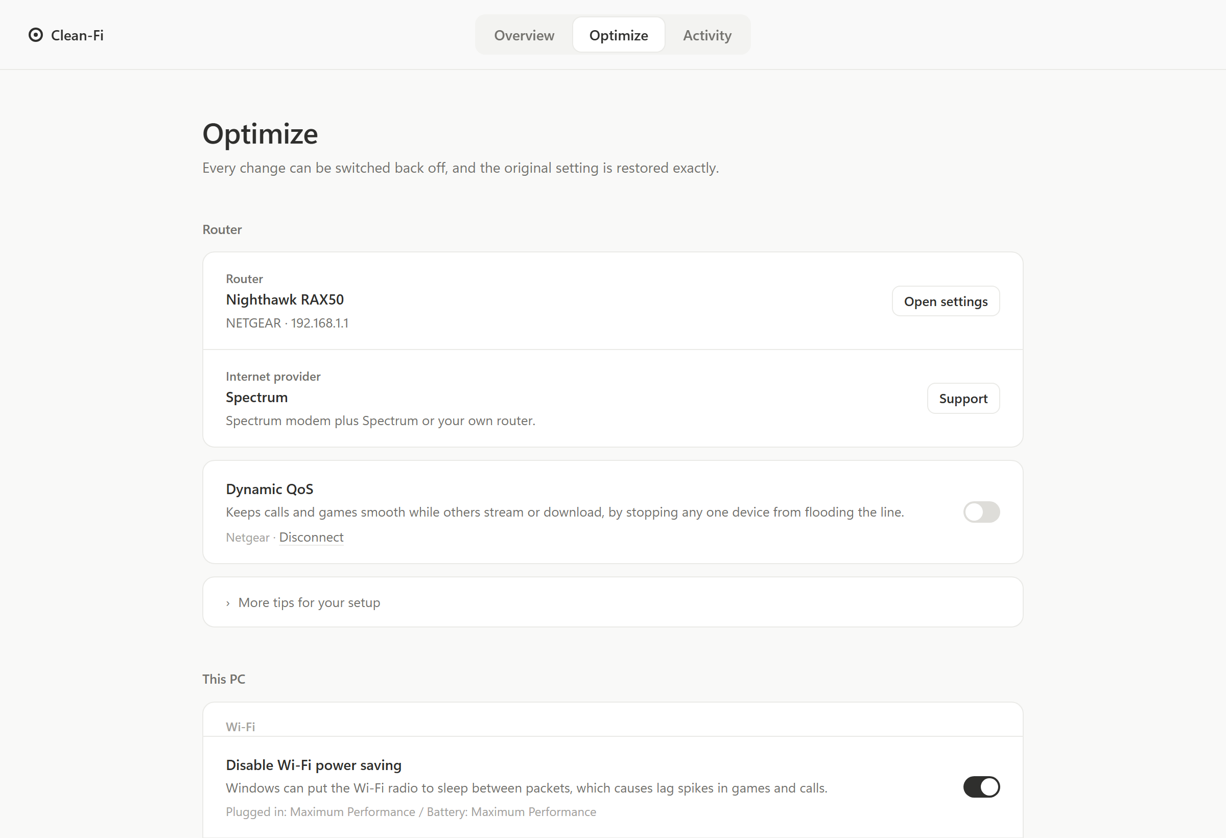 Clean-Fi optimize screen: router, internet provider, router anti-lag switch and PC settings