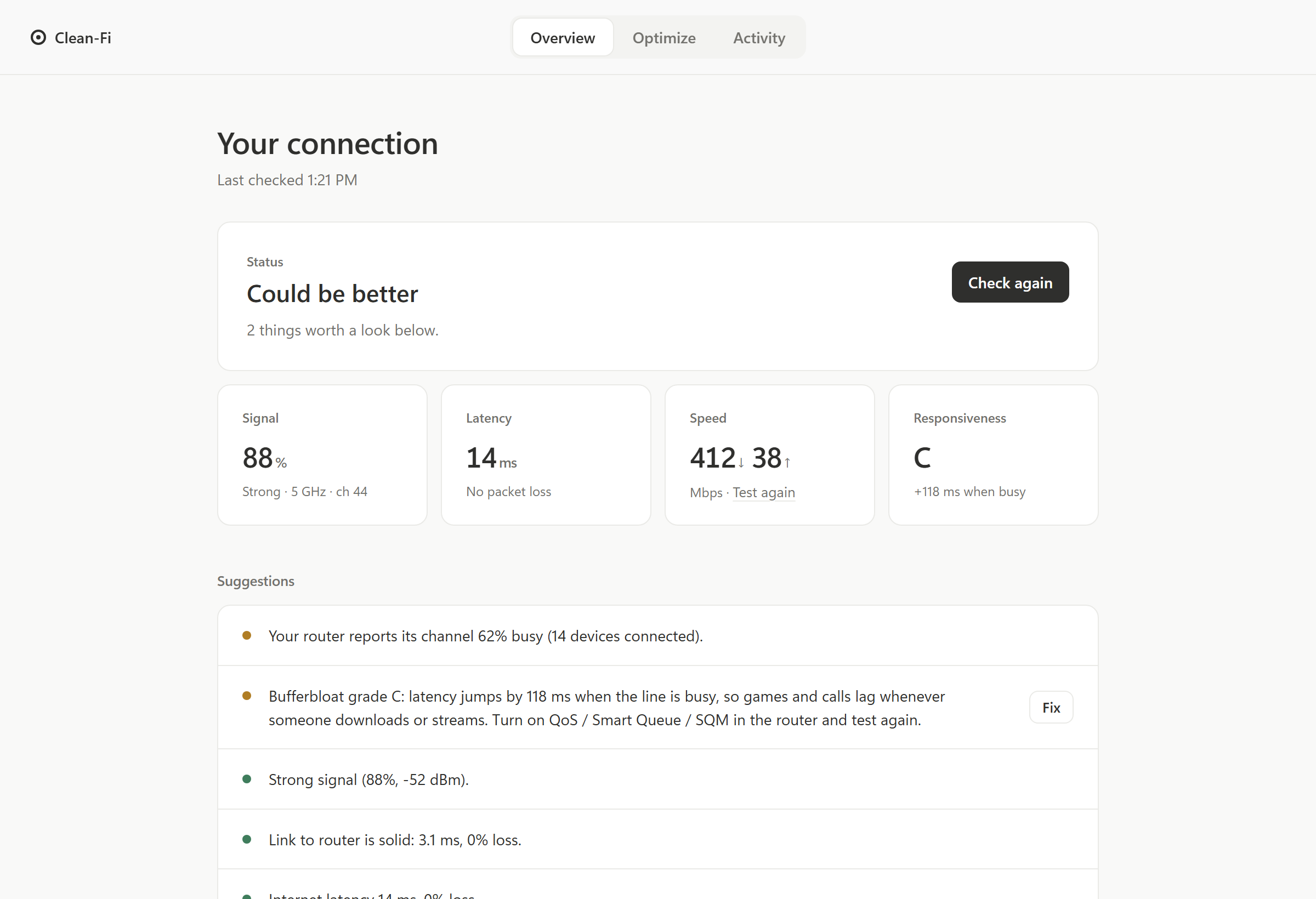 Clean-Fi overview: signal, latency, speed and a responsiveness grade, with suggestions and a Fix button
