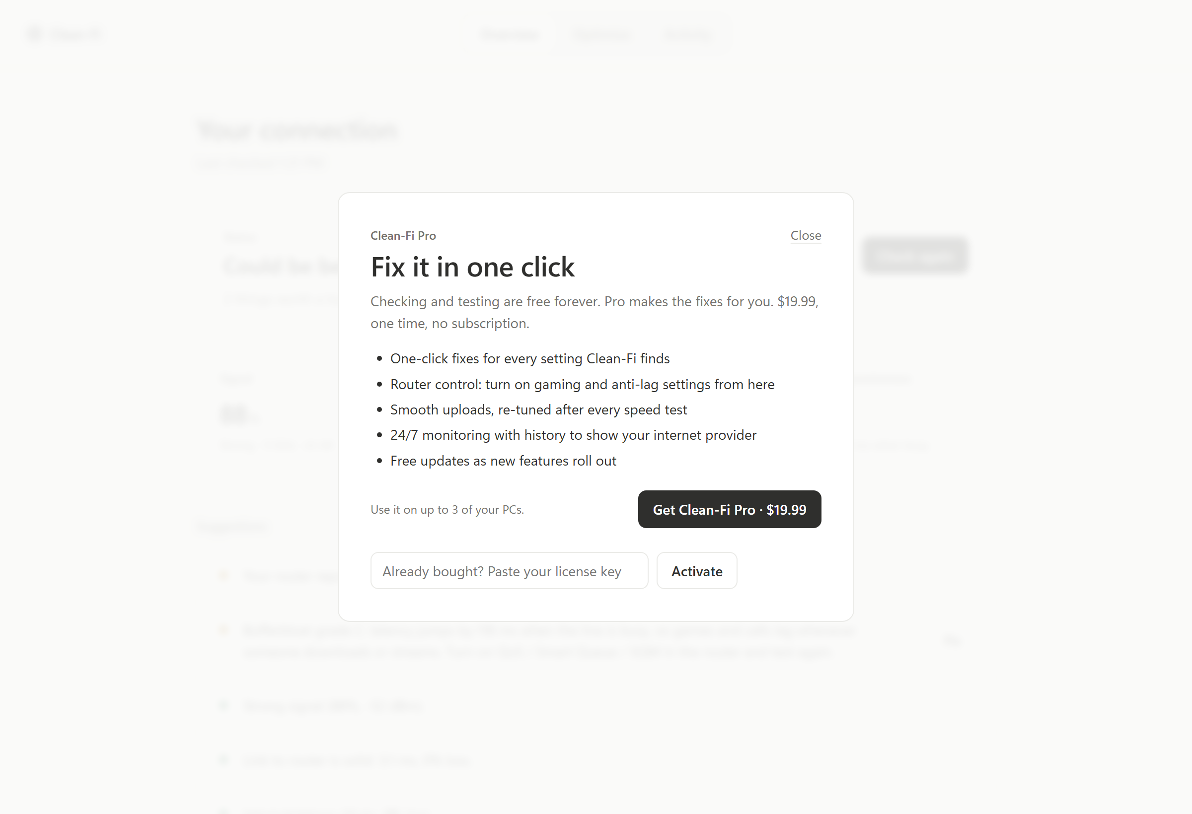 Clean-Fi Pro window: one-click fixes for a one-time $19.99